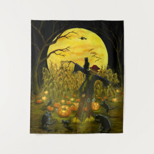 Halloween scarecrow in een spooky cornfield wandkleed