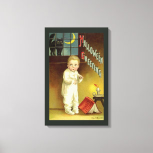  Halloween, Scared Boy met Black Cat Canvas Afdruk