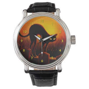Halloween Scary Black Cat Ggloed Eyes Watch Horloge