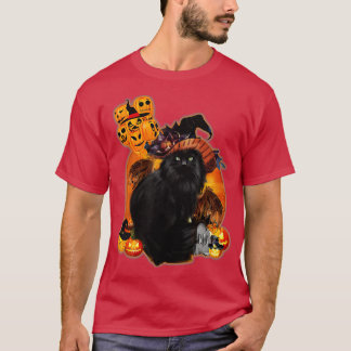 Halloween Scary Moon Witch Black Cat met pompoen T-shirt