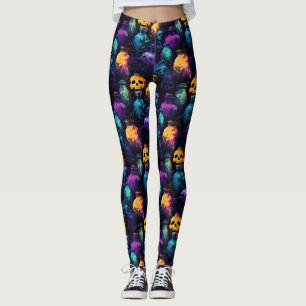 Halloween Scary Skull Sinaasappel Paarse Blauwe Gl Leggings