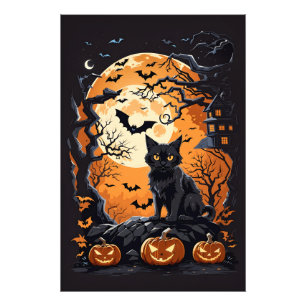 Halloween scène met katten, spinnen en pompoen foto afdruk