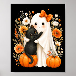 Halloween Schattig Geest Zwarte Kat Pompoen Bloem Poster