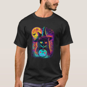Halloween Schattige Heks Tovenaar Kat Volle Maan P T-shirt