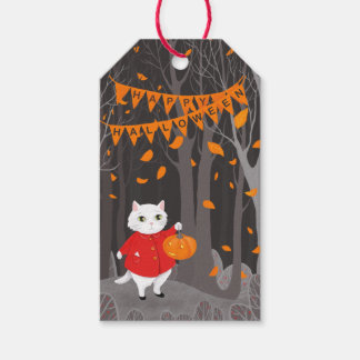 Halloween Schattige Kat & Jack-o'-lantaarn Pompoen Cadeaulabel