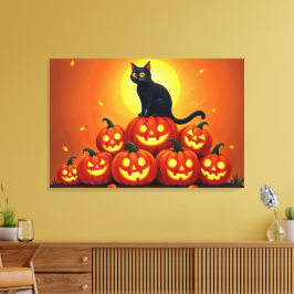 Halloween schattige zwarte kat en Jack's lantaarns Canvas Afdruk