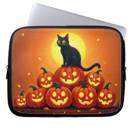 Halloween schattige zwarte kat en Jack's lantaarns Laptop Sleeve