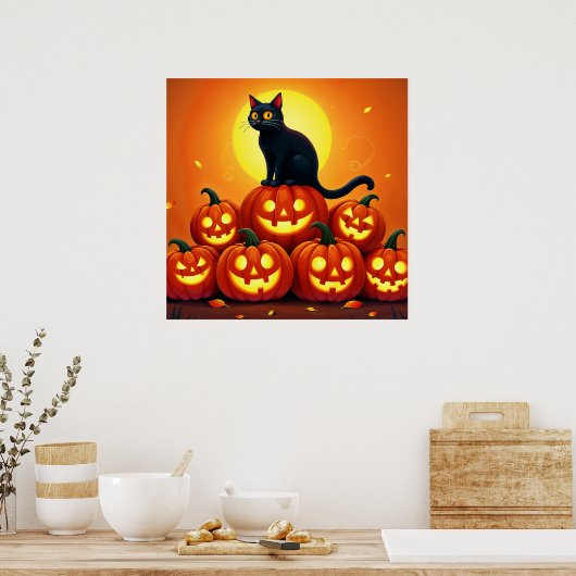 Halloween schattige zwarte kat en Jack's lantaarns Poster (Keuken)