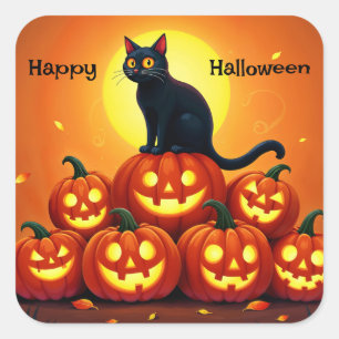 Halloween schattige zwarte kat en Jack's lantaarns Vierkante Sticker