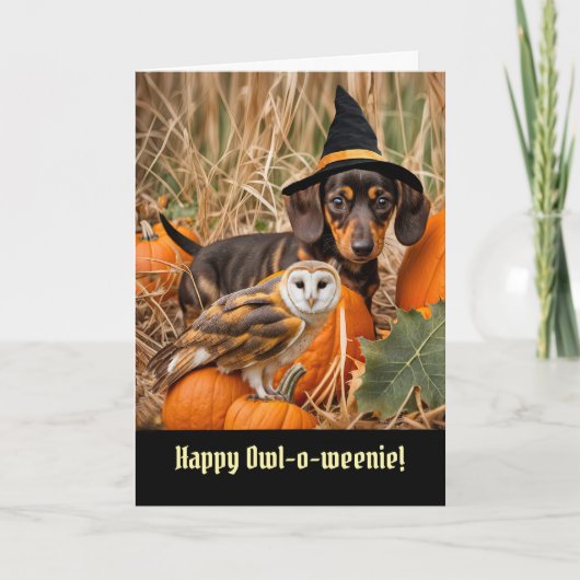 Halloween Schattigee en grappige uil en teckel pup Kaart (Voorkant)