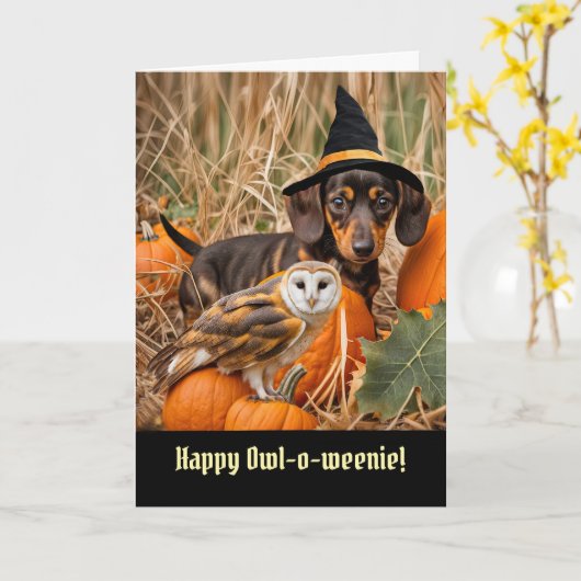 Halloween Schattigee en grappige uil en teckel pup Kaart (Gele Bloem)