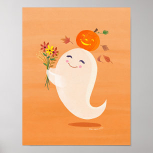 Halloween Schattigee Ghost en Bloemen Art Print