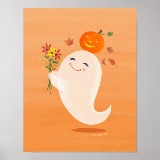 Halloween Schattigee Ghost en Bloemen Art Print (Voorkant)