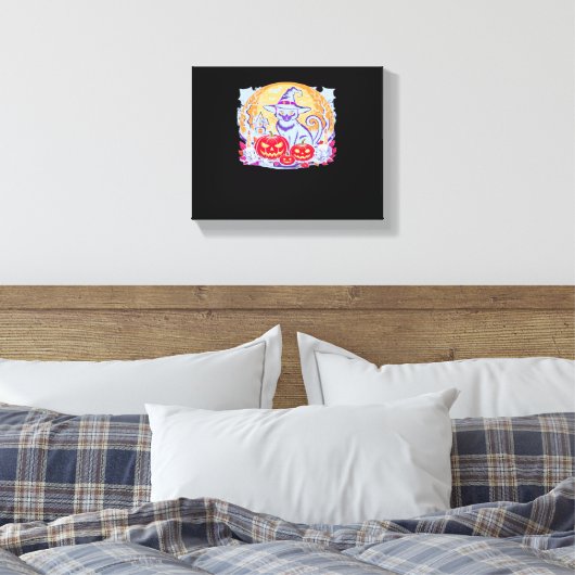 Halloween Schattigee Ghost Pumpkin Cat Classic T-s Canvas Afdruk (Insitu (Slaapkamer))