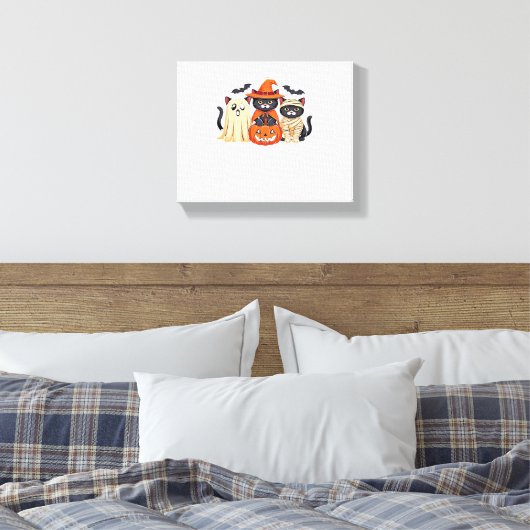 Halloween Schattigee Ghost Pumpkin Cat Classic T-S Canvas Afdruk (Insitu (Slaapkamer))