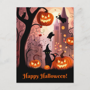 Halloween Schattigee grillige Cat Witch Pumpkins Feestdagenkaart
