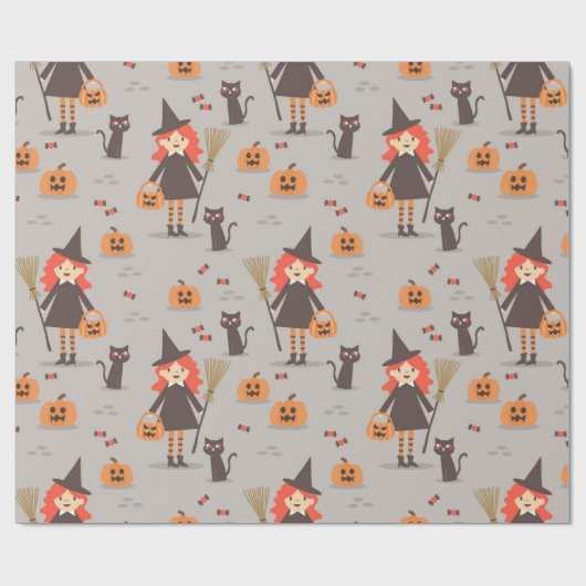 Halloween Schattigee heks, pompoen, zwarte kat Cadeaupapier (Vlak)