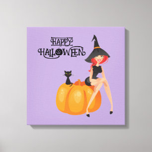 Halloween Schattigee Spooky Whimsical Witch Paarse Canvas Afdruk