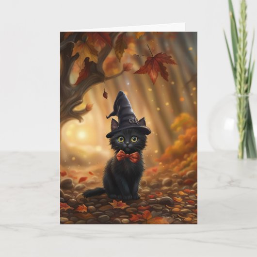 Halloween Schattigee zwarte kat met heks Pet en He Kaart (Voorkant)
