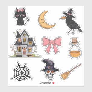 Halloween schedel, kat, maan, kraai, spookhuis, Pa Sticker