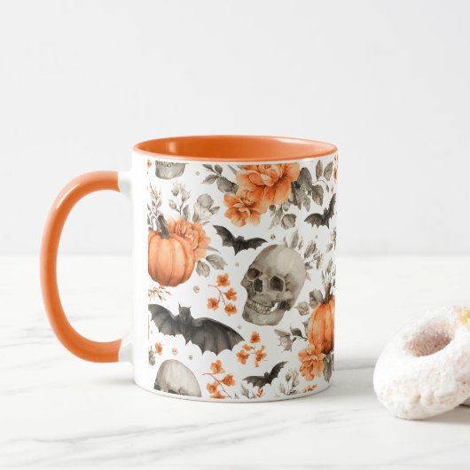 Halloween schedel vleermuizen en bloemen mok (Met donut)