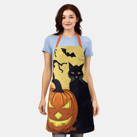 Halloween Schorten, Volle Maan Halloween Black Cat Schort (Gedragen)