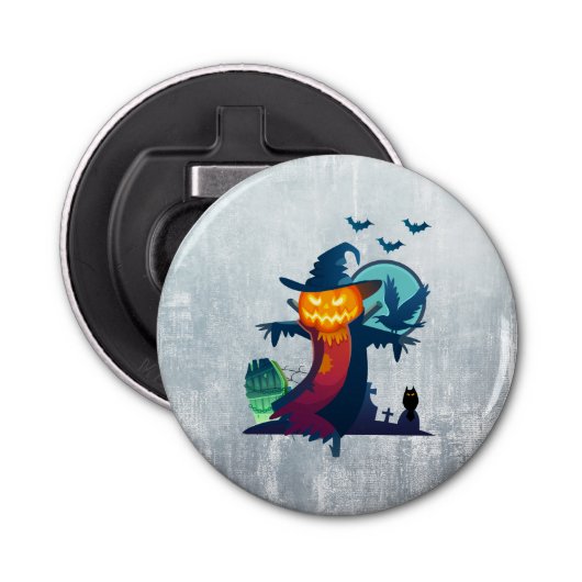 Halloween screcrow met vleermuizen en kippen button flesopener (Voorkant)