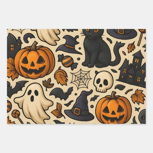 Halloween Seamless Pattern – Pumpkins, Ghosts, Cat Inpakpapier Vel (Voorkant)