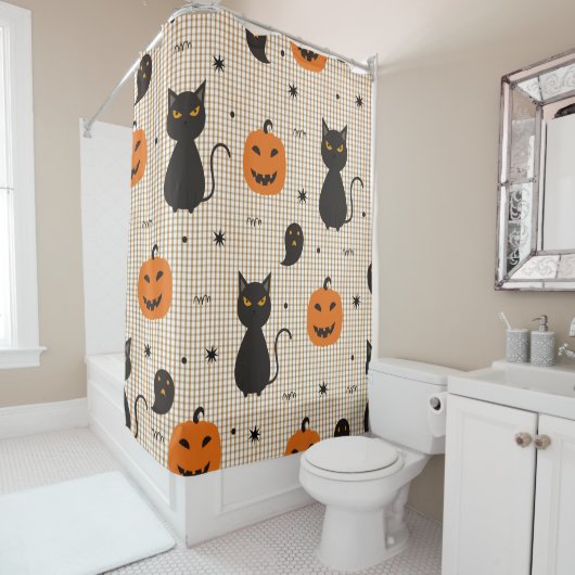 Halloween seamless pattern with black cat and ghos douchegordijn (In situ)