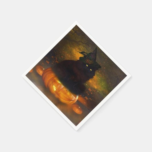 Halloween servet/zwarte kat zittend op pompoen servetten (Hoek)