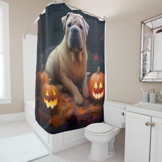 Halloween Shar Pei met pompoenen eng Douchegordijn (In situ)