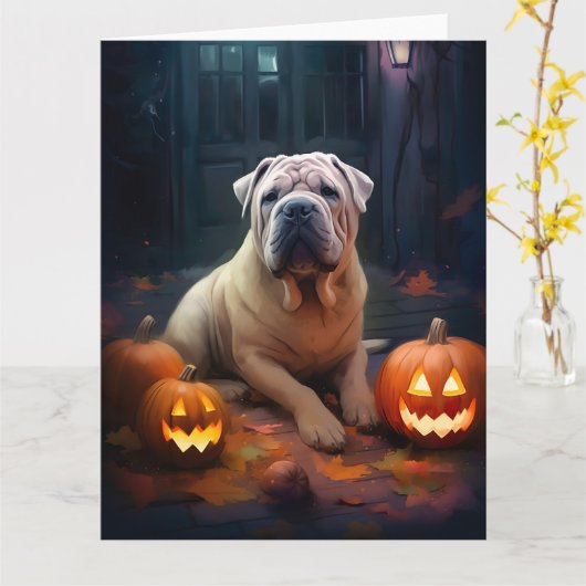 Halloween Shar Pei met pompoenen eng Kaart (Gele Bloem)
