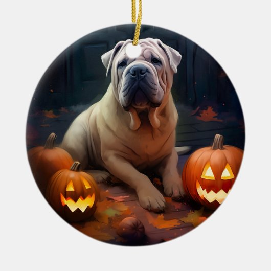Halloween Shar Pei met pompoenen eng Keramisch Ornament (Voorkant)