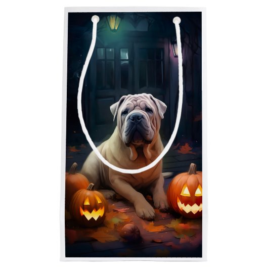 Halloween Shar Pei met pompoenen eng Klein Cadeauzakje (Voorkant)