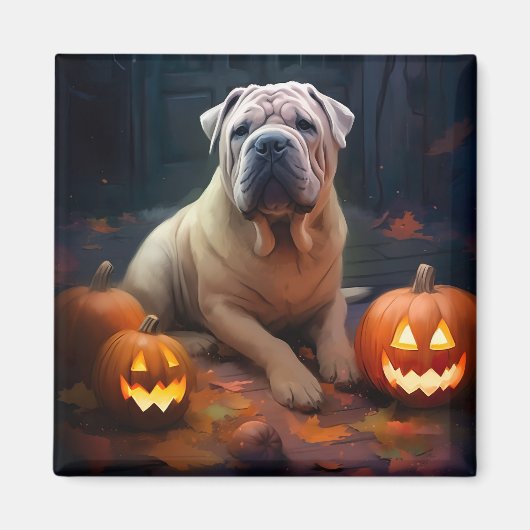Halloween Shar Pei met pompoenen eng Magneet (Voorkant)