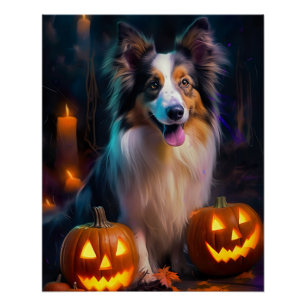 Halloween Shetland Schaapshond Met Pompoenen Eng Perfect Poster