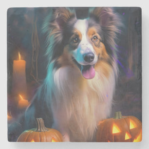 Halloween Shetland Sheepdog met pompoenen eng Stenen Onderzetter