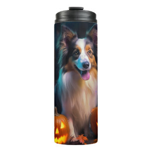 Halloween Shetland Sheepdog met pompoenen eng Thermosbeker