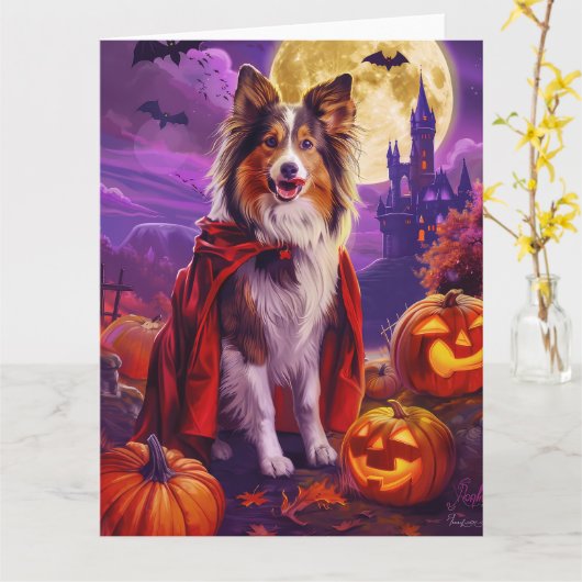 Halloween Shetland Sheepdog Vampire Pumpkins eng Kaart (Gele Bloem)