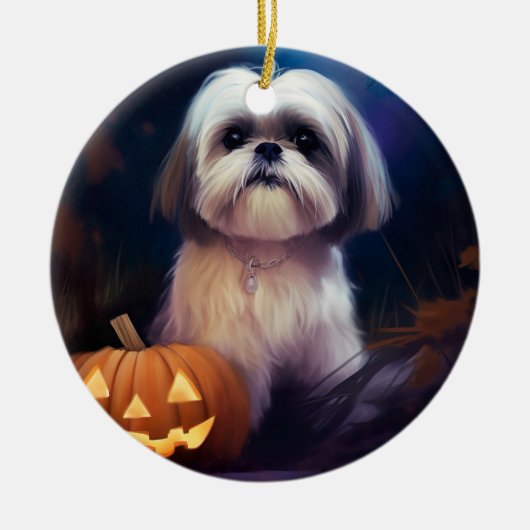 Halloween Shih Tzu met pompoenen eng Keramisch Ornament (Voorkant)