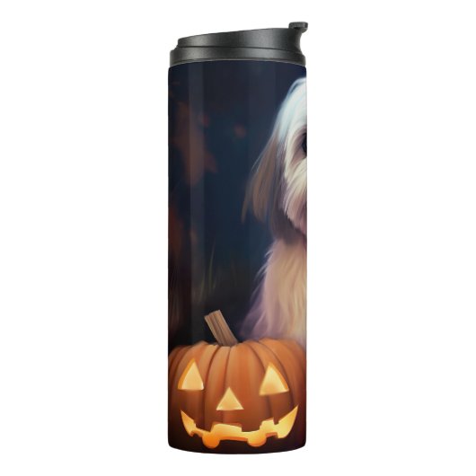 Halloween Shih Tzu met pompoenen eng Thermosbeker (Gedraaid links)