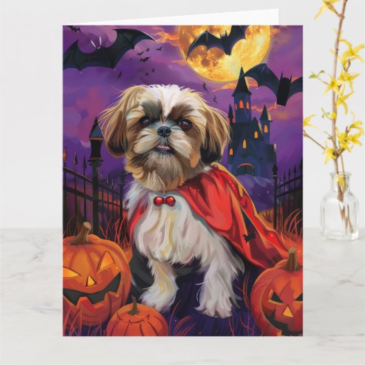 Halloween Shih Tzu Vampire Pumpkins eng Kaart (Gele Bloem)