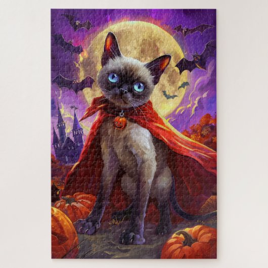 Halloween Siamese Cat Vampire Pumpkins eng Legpuzzel (Verticaal)