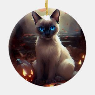 Halloween Siamese Kat Met Pompoenen Eng  Keramisch Ornament