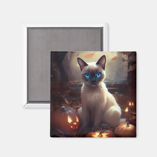 Halloween Siamese kat met pompoenen eng Magneet (Voorkant / Achterkant)