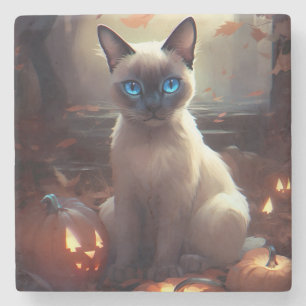 Halloween Siamese kat met pompoenen eng Stenen Onderzetter