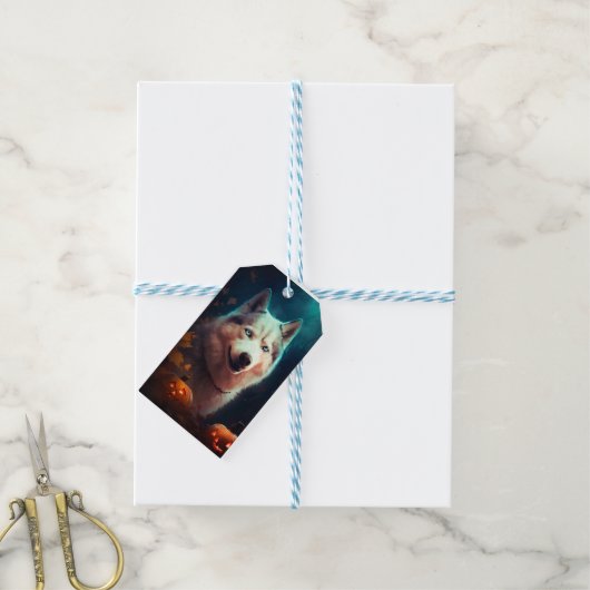 Halloween Siberian Husky met pompoenen eng Cadeaulabel (Met Touw)
