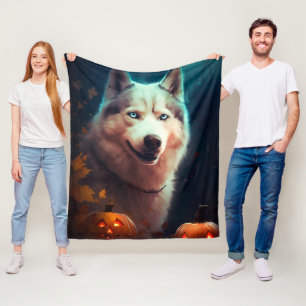 Halloween Siberian Husky met pompoenen eng Fleece Deken