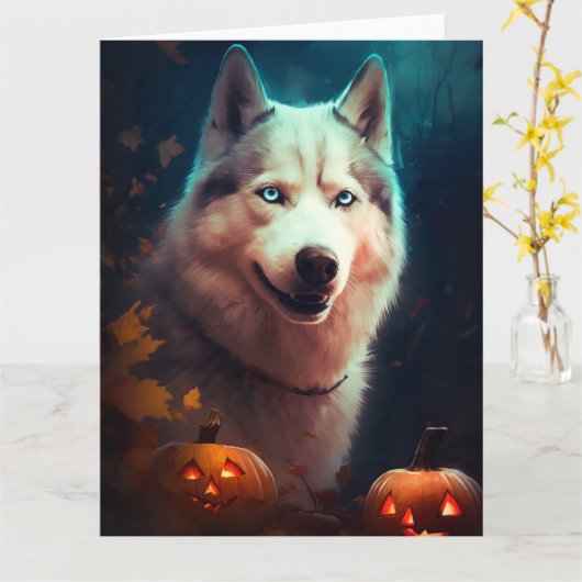 Halloween Siberian Husky met pompoenen eng Kaart (Gele Bloem)