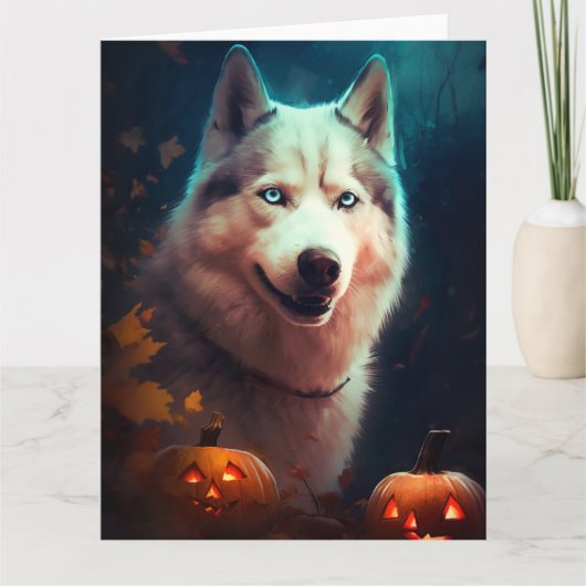 Halloween Siberian Husky met pompoenen eng Kaart (Voorkant)
